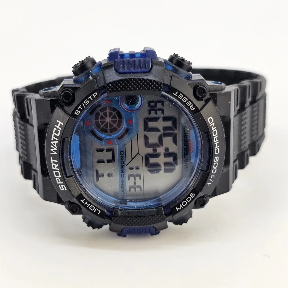 Men's Sports‎ Digital Watch 50MM Day Date Light Black Plastic Bands Working